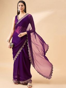 Odette - Women's Purple Georgette Embroidered Saree with Unstitched Blouse