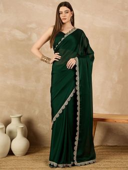 Odette - Green Georgette Embroidered Saree with Unstitched Blouse