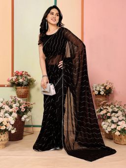 Odette - Women's Black Georgette Embroidered Saree with Unstitched Blouse