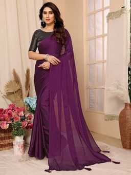 Odette - Women Purple Georgette Embellished Saree with Unstitched Blouse