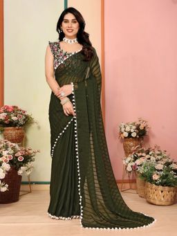Odette - Women's Green Georgette Solid Saree with Unstitched Blouse
