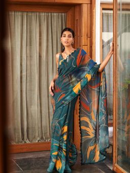 Odette - Women Green Georgette Floral Saree with Unstitched Blouse