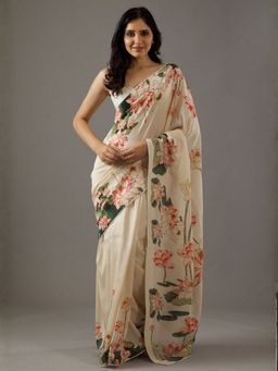 Odette - Women Cream Georgette Floral Saree with Unstitched Blouse