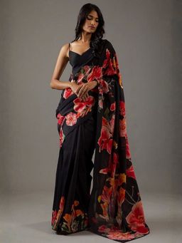 Odette - Women Black Georgette Floral Printed Saree with Unstitched Blouse