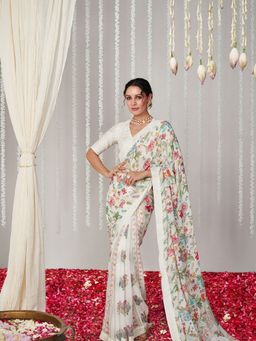 Odette - Women White Georgette Floral Printed Saree with Unstitched Blouse