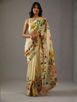 Odette - Women Light Beige Georgette Floral Saree with Unstitched Blouse
