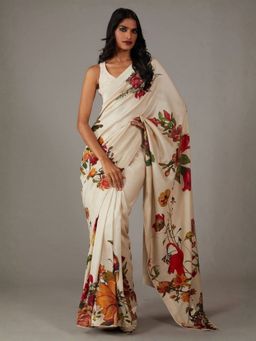 Odette - Women White Georgette Floral Saree with Unstitched Blouse