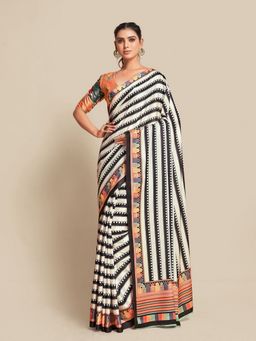 Odette - Women Black Georgette Stripes Saree with Unstitched Blouse