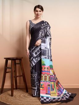 Odette - Women Black Georgette Graphic Saree with Unstitched Blouse
