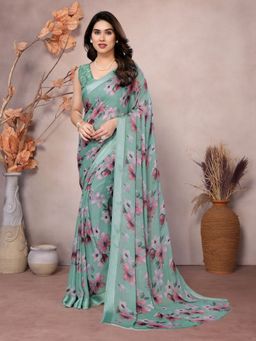 Odette - Women Mint Green Georgette Floral Saree with Unstitched Blouse