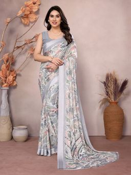Odette - Women's Grey Georgette Floral Saree with Unstitched Blouse