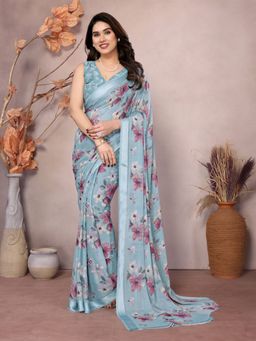 Odette - Women's Sky Blue Georgette Floral Saree with Unstitched Blouse