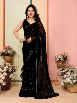 Odette - Women Black Georgette Embellished/Sequined Saree with Unstitched Blouse