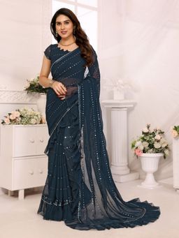Odette - Women Blue Georgette Embellished/Sequined Saree with Unstitched Blouse