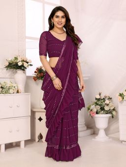 Odette - Women Purple Georgette Embellished/Sequined Saree with Unstitched Blouse