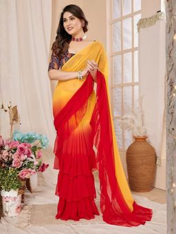 Odette - Women Multi-Color Georgette Ombre Tassel Saree with Unstitched Blouse