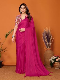 Odette - Women Pink Georgette Textured Tassel Saree with Unstitched Blouse