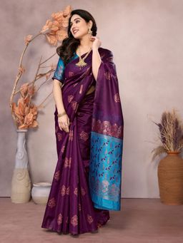 Odette - Women Wine Georgette Woven Saree with Unstitched Blouse