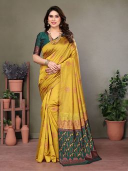 Odette - Women Mustard Georgette Woven Saree with Unstitched Blouse