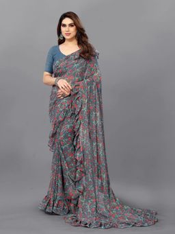 Odette - Multi-Color Georgette Floral Saree with Unstitched Blouse