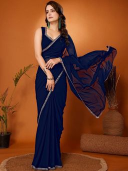 Odette - Women Navy Blue Georgette Solid Saree with Unstitched Blouse
