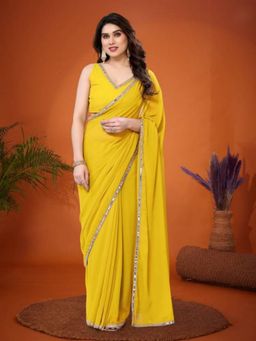 Odette - Women Light Yellow Georgette Solid Saree with Unstitched Blouse