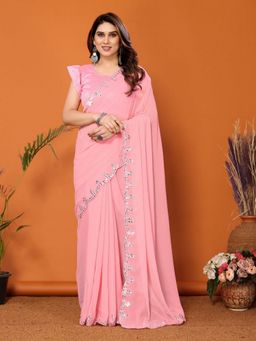 Odette - Women Light Pink Georgette Solid Saree with Unstitched Blouse