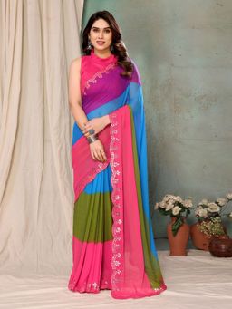 Odette - Women Multi-Color Georgette Colorblock Saree with Unstitched Blouse