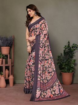 Odette - Women Black Georgette Floral Printed Saree with Unstitched Blouse