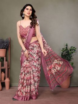 Odette - Women Pink Georgette Floral Saree with Unstitched Blouse