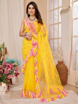 Odette - Women Yellow Georgette Embellished/Sequined Saree with Unstitched Blouse