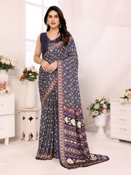 Odette - Blue Women Georgette Floral Saree with Unstitched Blouse