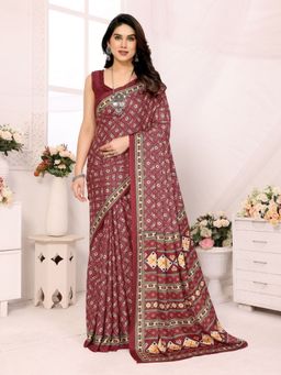 Odette - Women Maroon Georgette Floral Saree with Unstitched Blouse