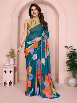 Odette - Blue Georgette Floral Saree with Unstitched Blouse