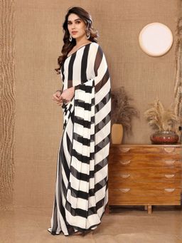 Odette - Women Black Georgette Stripes Saree with Unstitched Blouse