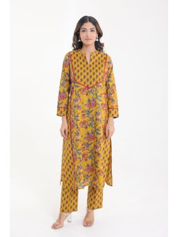 CHHAAP TILAK - Yellow Cotton Vintage Floral Motif with Lace Yoke Kurta with Pant