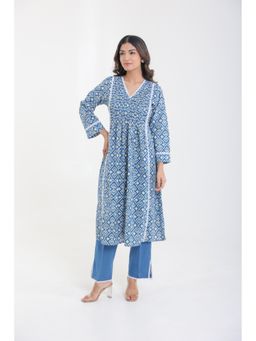 CHHAAP TILAK - Blue Cotton Ikat Lace Pleated Kurta with Pant