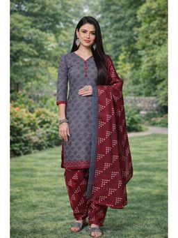 Rajnandini - Grey Cotton Blend Printed Ready To Wear Kurta with Salwar and Dupatta