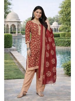 Rajnandini - Maroon and Beige Cotton Blend Printed Ready To Wear Kurta with Salwar and Dupatta