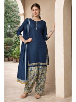 Rajnandini - Navy Blue Cotton Blend Printed Ready To Wear Kurta with Salwar and Dupatta