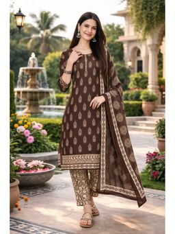 Rajnandini - Brown Cotton Blend Printed Ready To Wear Kurta with Salwar and Dupatta