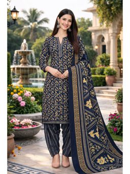 Rajnandini - Navy Blue Cotton Blend Printed Ready To Wear Kurta with Salwar and Dupatta