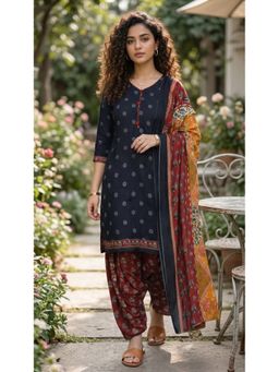 Rajnandini - Black Cotton Blend Printed Ready To Wear Kurta with Salwar and Dupatta