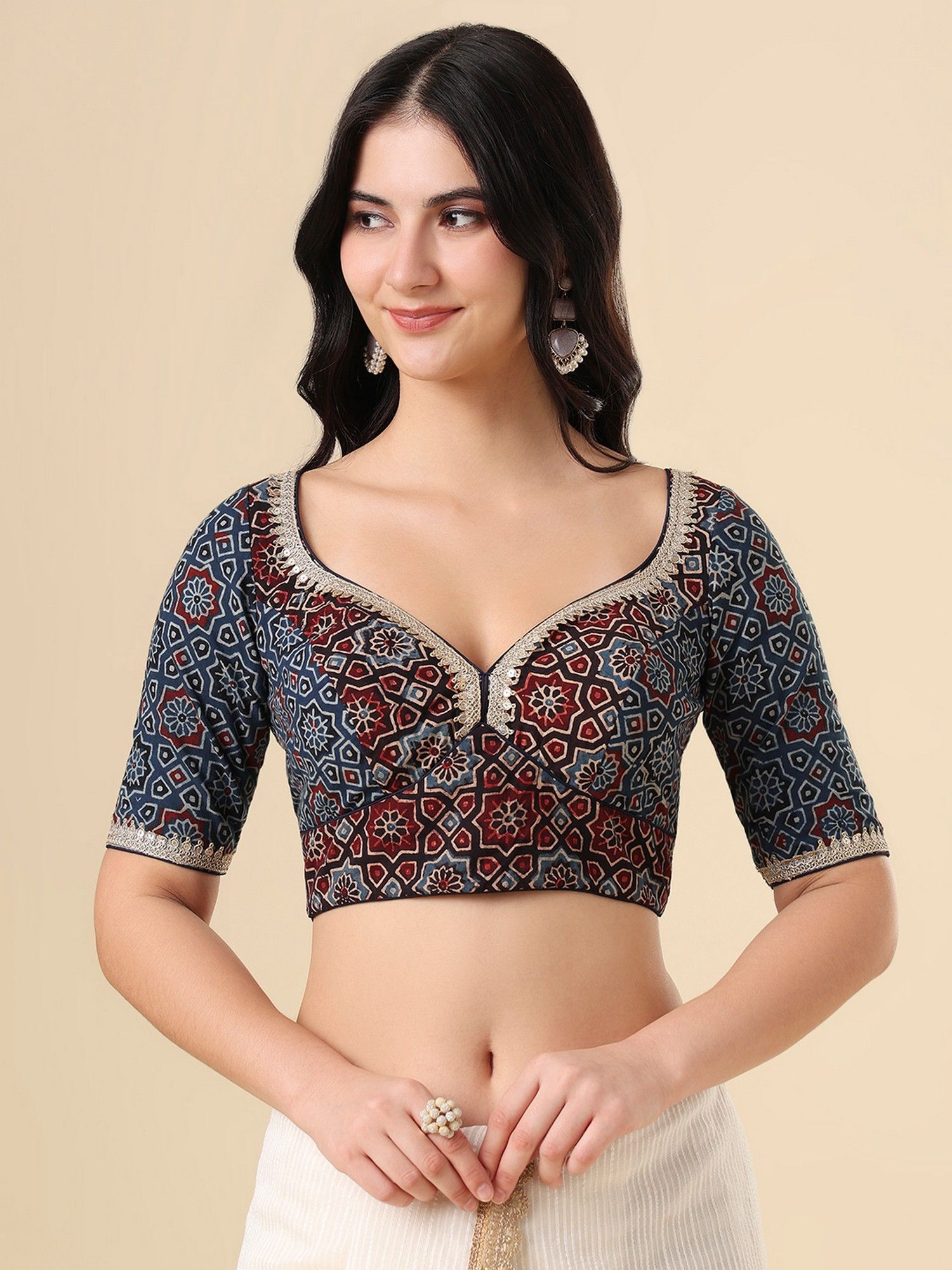 salwar studio Blue Cotton Sweetheart Neck Stitched Blouse-picture-30