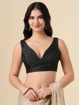 SALWAR STUDIO - Black Woven Design Taffeta Silk Stitched Blouse