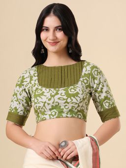 SALWAR STUDIO - Olive Pure Cotton Batik Printed Stitched Blouse