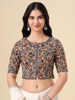 SALWAR STUDIO - Beige Pure Cotton Ajrakh Printed Stitched Blouse