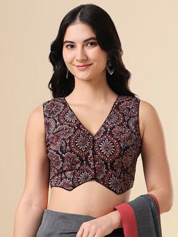 SALWAR STUDIO - Black Ajrak Waistcoat Sleeveless Stitched Blouse