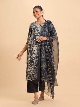 VISMAY - Black Viscose Printed Flared Princess Cut Kurti with Dupatta