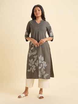 VISMAY - Women Dark Sage Green Cotton Floral Kurta
